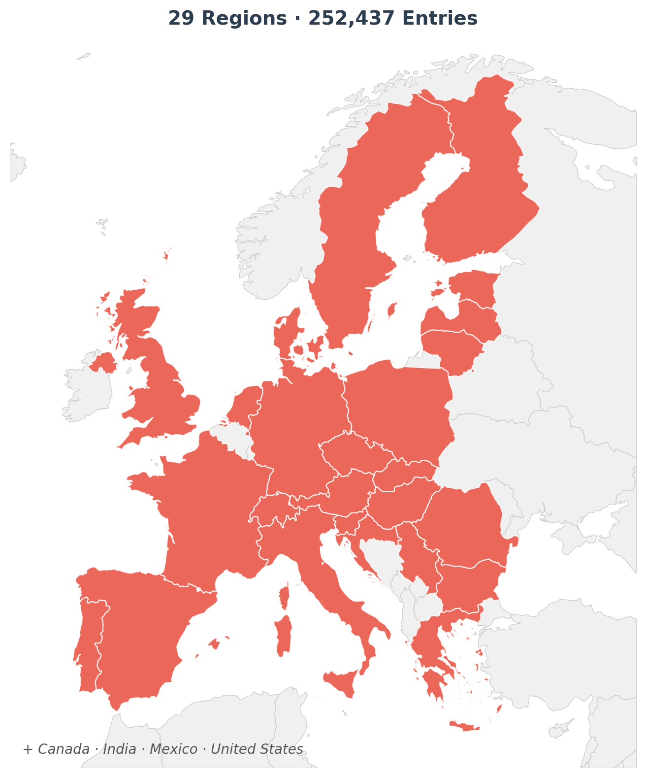 Map of Europe highlighting 25 covered countries including UK, France, Germany, Nordics, Balkans, and Iberia